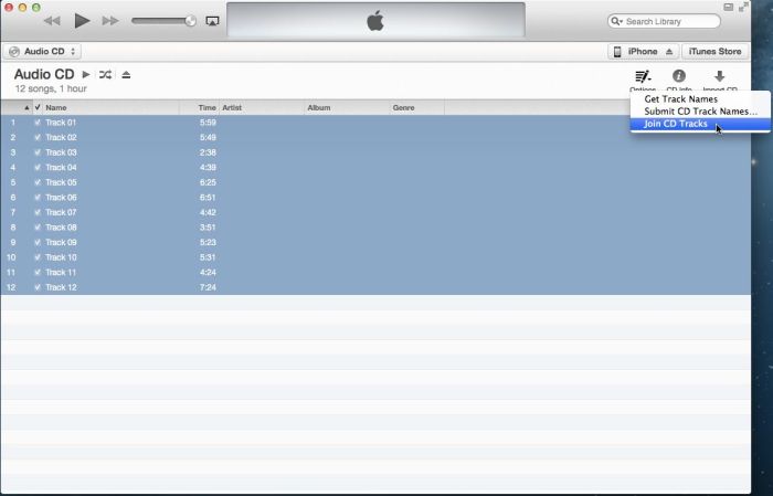 Now you should able to click Options in the top right corner of iTunes and then select Join CD Tracks.